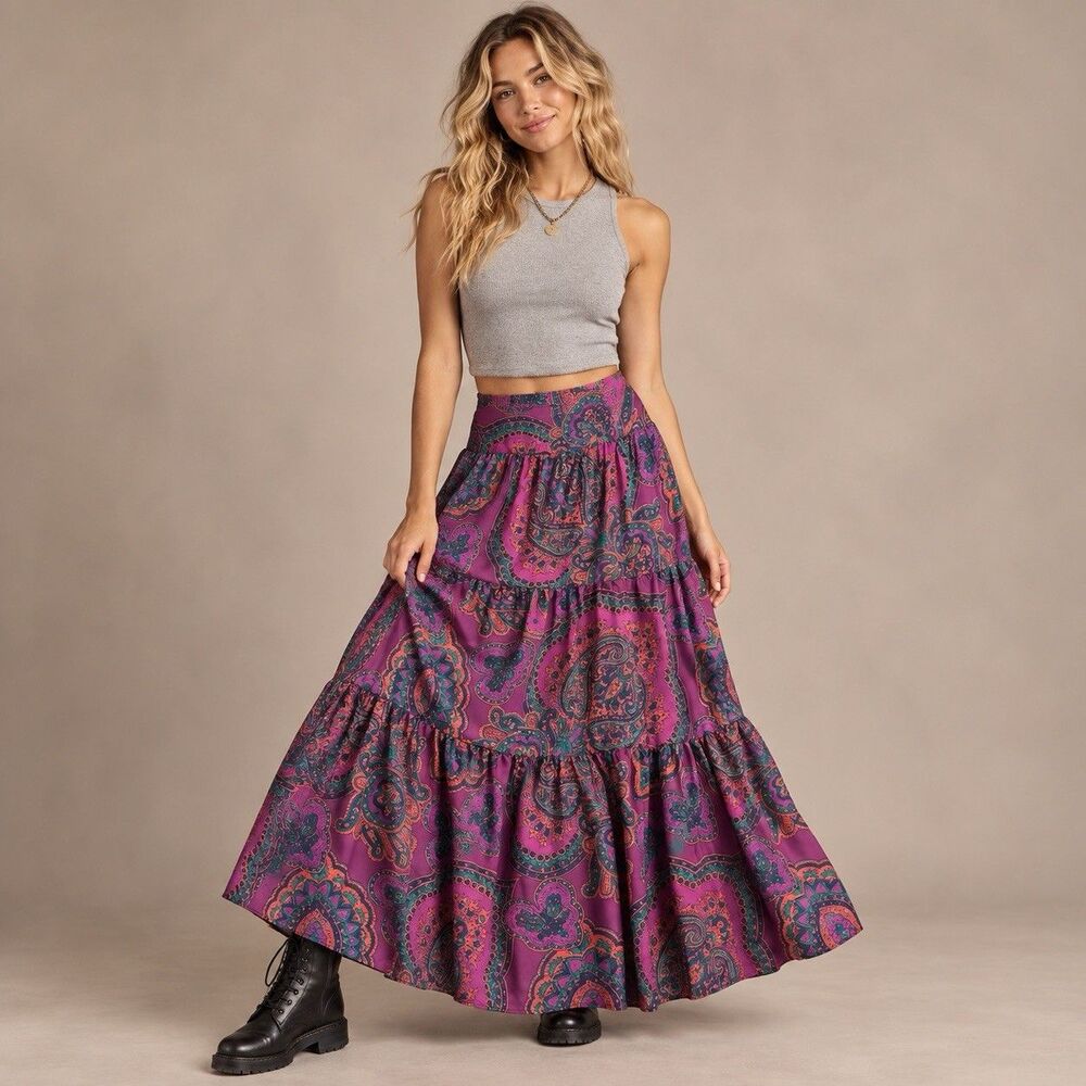 Free People Moonbeam Printed Paisley Maxi Skirt Purple Pink Smocked S